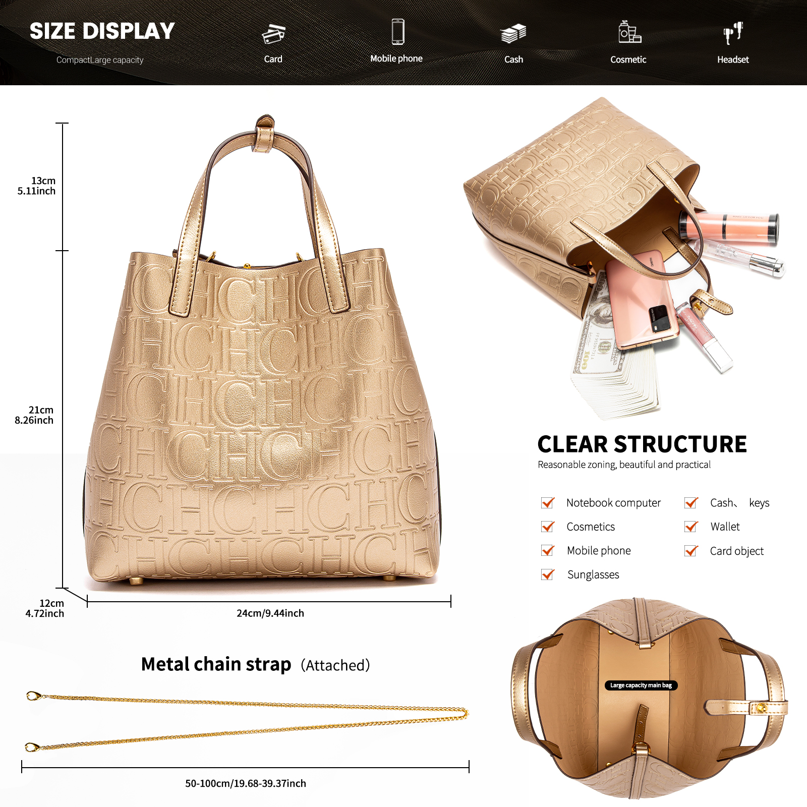 Elegant Embossing Fashion Tote Modern Geometry Style with Glittery Frame