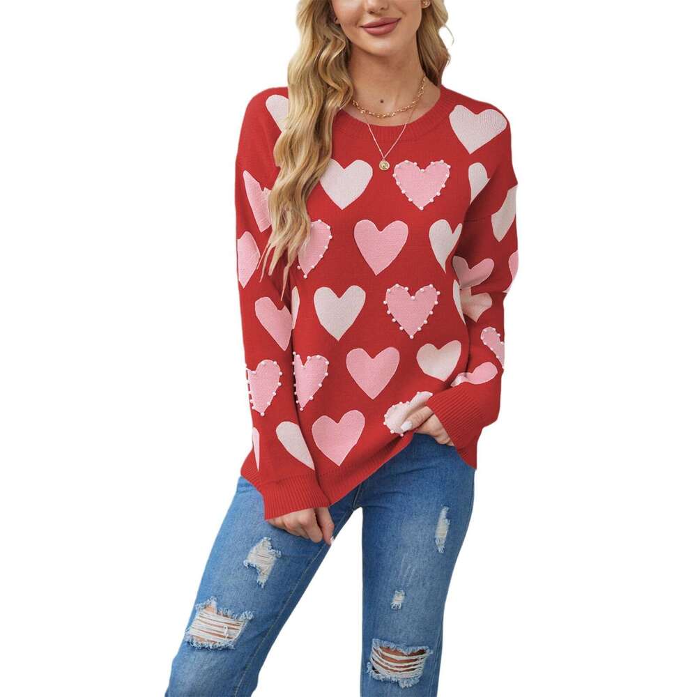 Winter New Valentine's Day Heart Peach Pullover Round Neck Handmade Beaded Craft Knit Sweater B5