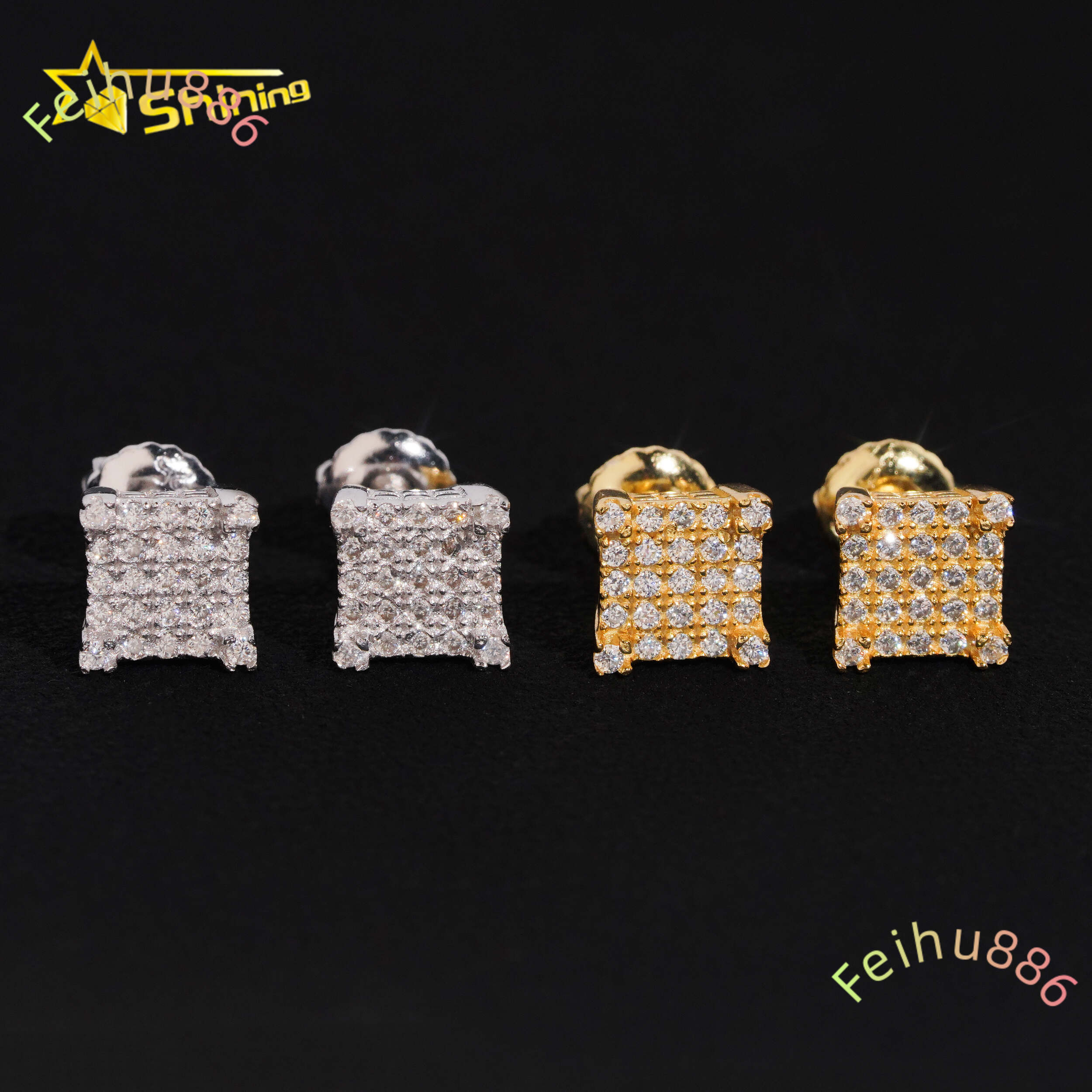 Fast Shipping Gold Plated 925 Sterling Silver Iced Out VVS Diamond Moissanite Screw Back Stud Earrings RTS Fine Jewelry