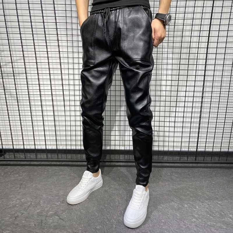 PU Leather Motorcycle Pants Men High Quality Winter Korean Luxury Clothing Large Size Windproof Casual Warm Mens Black Trousers W250819