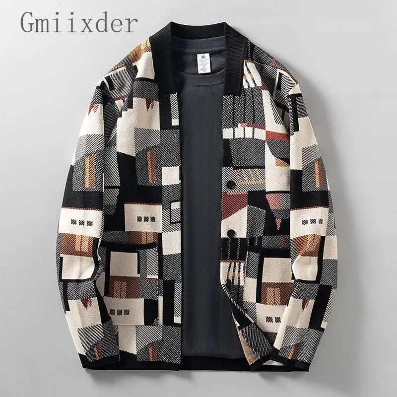 Geometric Oil Painting Camouflage Irregular Cardigan Sweater Mens Plus Size Widened Autumn Outer Wear Jacket Top Preppy 250819