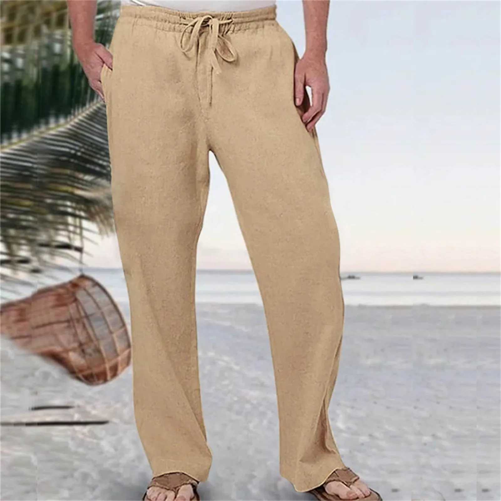 Mens Fashion Casual Pants Solid Color Breathable Cotton Linen Elastic Waist Straight Pants With Pockets Large Size White Pants W250819