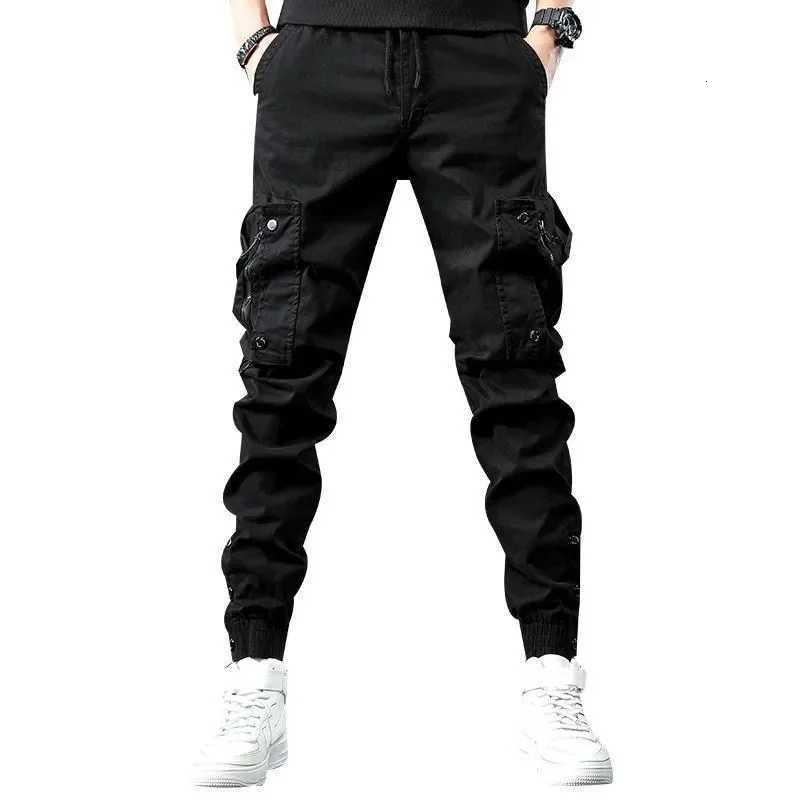 Trendy Mens Spring Autumn Cargo Pants Slim Fit Casual Style Loose Fit American Style Multiple Pocket Small Foot Pants Black W250819