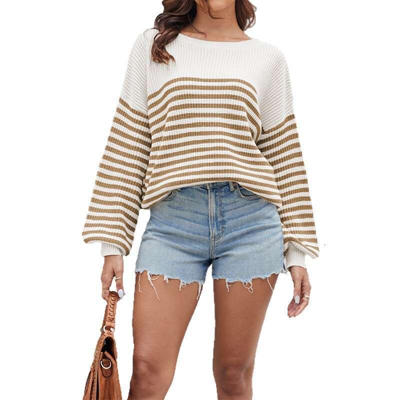 Autumn Winter New Women's Tiktok Casual Striped Color Block Knitted Round Neck Plus Size Sweater Top B5