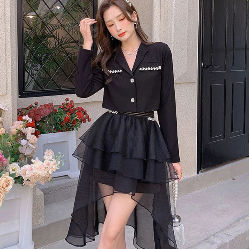 Rhinestone Blazers Skirts Two Piece Set for Women Spring Autumn Graceful Slim Suit Jacket Ball Gown Outfits Office Lady Workwear 250818