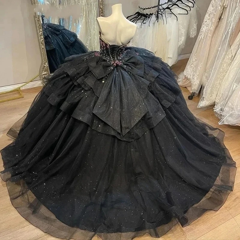 Black Shiny Princess Quinceanera Dresses Off The Shoulder Beading Crystal Tull Tiered Party Birthday Ball Gown Vestidos De 15 Anos Sweet 16 Dress