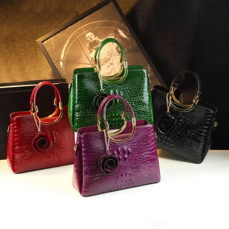 Genuine Leather Women's Handbags Crocodile Pattern Lady Flower Tassel Shoulder Messenger Bag Fashion Wedding Top Handle Bags