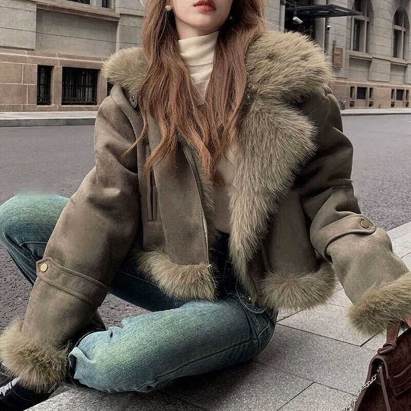 2025 New Fur Integrated Jacket Suede Short Motorcycle Suit Women's Korean Casual Jacket Winter