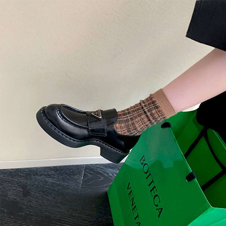Sheepskin Version ~ British Style Women's Round Toe Triangle Logo Chunky Heel Thick Sole Loafers Versatile Slip-On Shoes