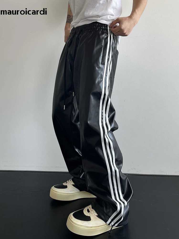 Mauroicardi Spring Autumn Cool Black Soft Stretchy Waterproof Pu Leather Pants for Men with Elastic Waist Loose Casual Clothes W250819