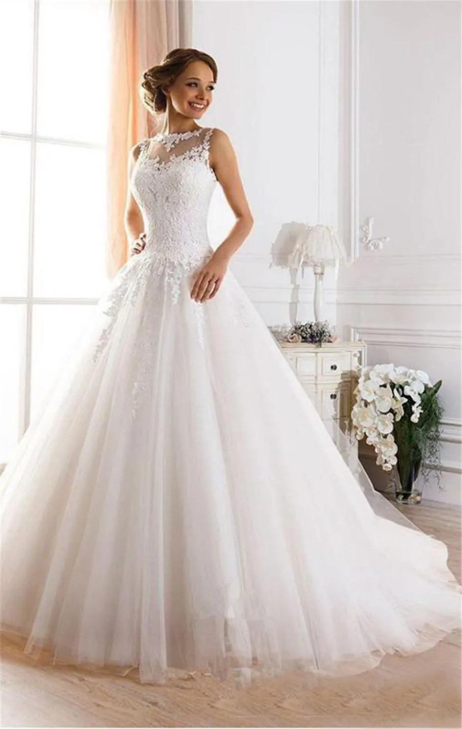 Beaded Lace Fluffy Illusion Backless Princess Bridal Ball Gowns Custom Made Sexy Illusion Jewel Neckline A-Line Sheer Wedding Dresses