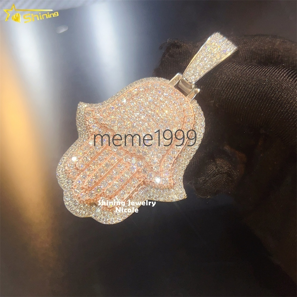 Custom Iced Out Luxury Popular Hip Hop 925 Silver Two Tone Rose Gold Hamsa Moissanite Pendant