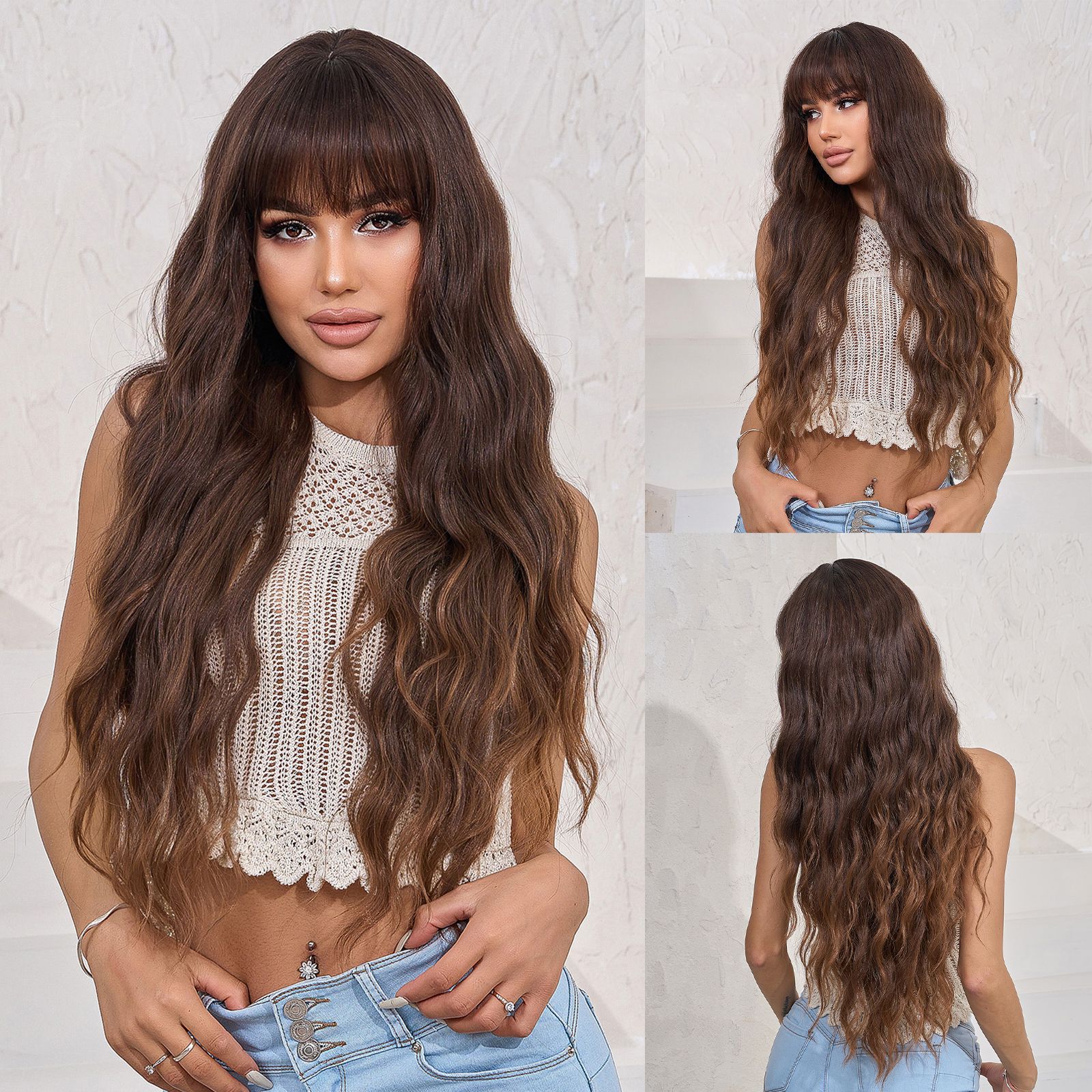26-30inch Bangs Big Waves Fashion Long Curly Hair Mixed Brown Gold Brown Water Wave Wig Women Hair Customized