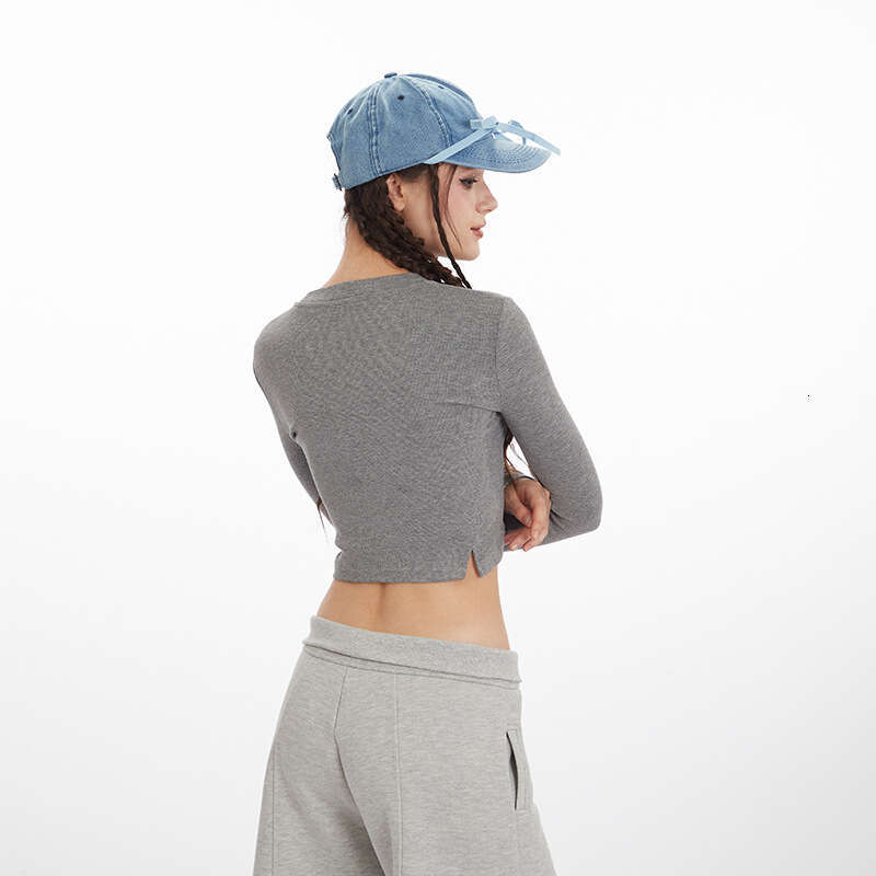 Spring And Autumn Hot Girl Sexy Slim Fit Slit Long Sleeve Women's Crop Top Short Tight Solid Color T-Shirt B5