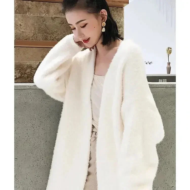 Womens Sweater Autumn and Winter Long Minklike Wool Cardigan Loose Thick MidLength Idle Style Knitted Coat 250819