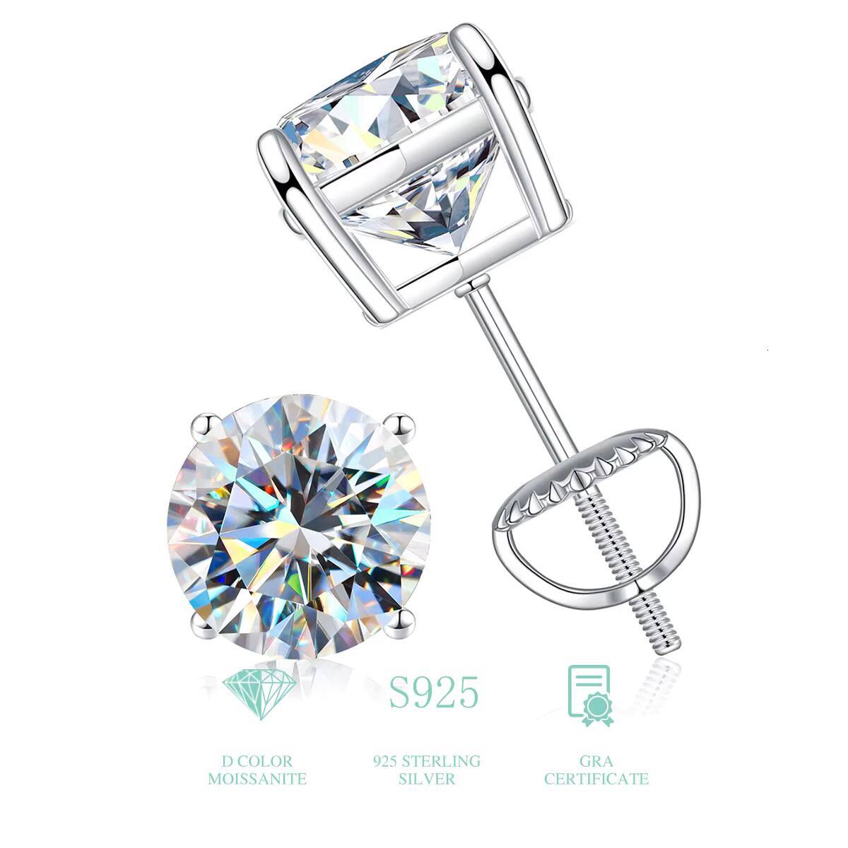 925 Sterling Silver GRA Certified Screw Back 0.5 1 2 Ct Carat Diamond Moissanite Stud Earring Men Women Engagement Fine Jewelry