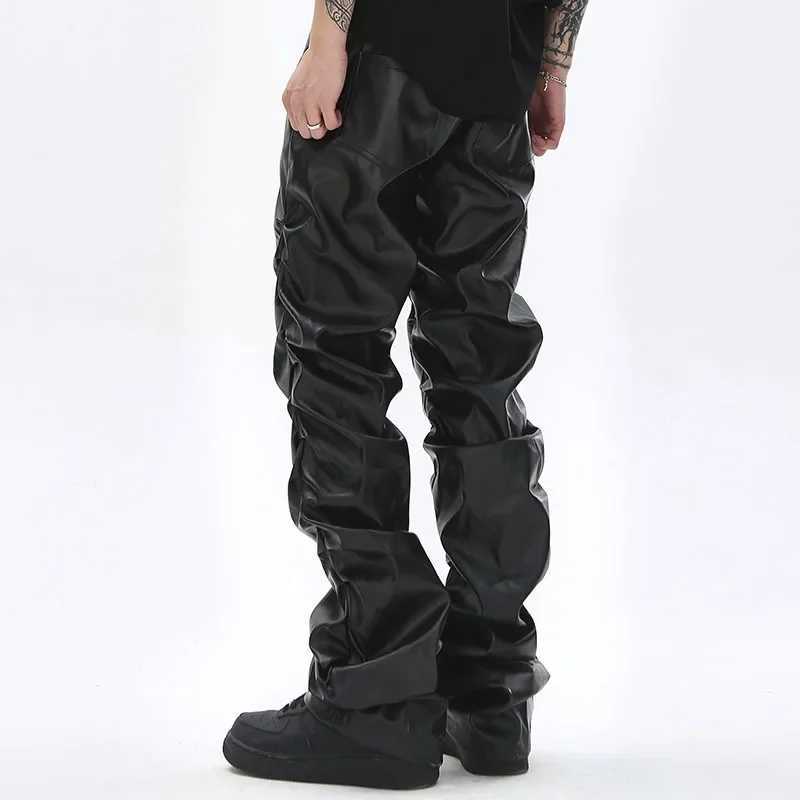 Hip Hop Mens Pleated PU Leather Pants Harajuku Retro Streetwear Loose Ruched Casual Trousers Straight Solid Color Black Pants W250819