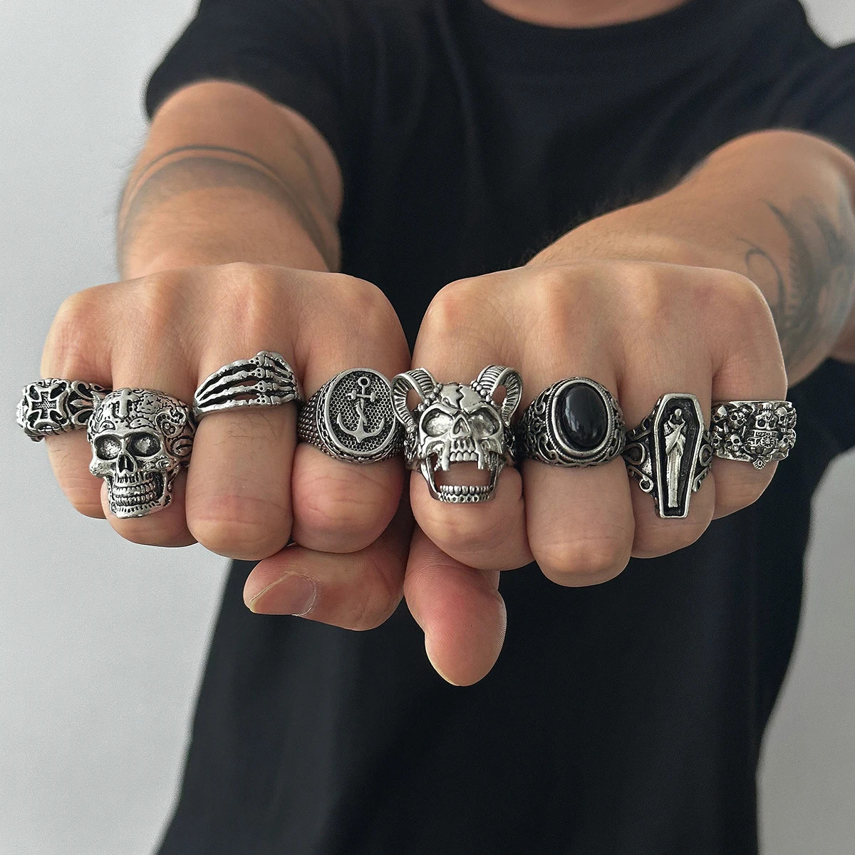 SHIXIN Gothic Skull Claw Cross Ring Set for Men Vintage Silver Color Adjustable Open Rings Male Punk Jewelry Finger Accessories 250815