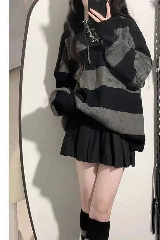 Gidyq Women Knitted Sweatshirt Korean Fashion Stripe Fe Loose Long Sleeve Sweater Casual Streetwear Jumper Autumn New XJ250819
