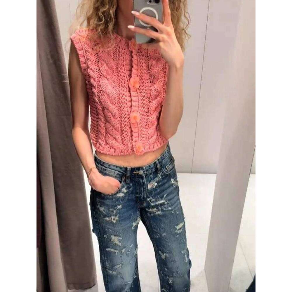hoodie Fashion Knitted Flower Button Vest Women Versatile Casual Sleeveless Solid O-Neck Sweaters Female Spring Chic Street Knitwear jacket