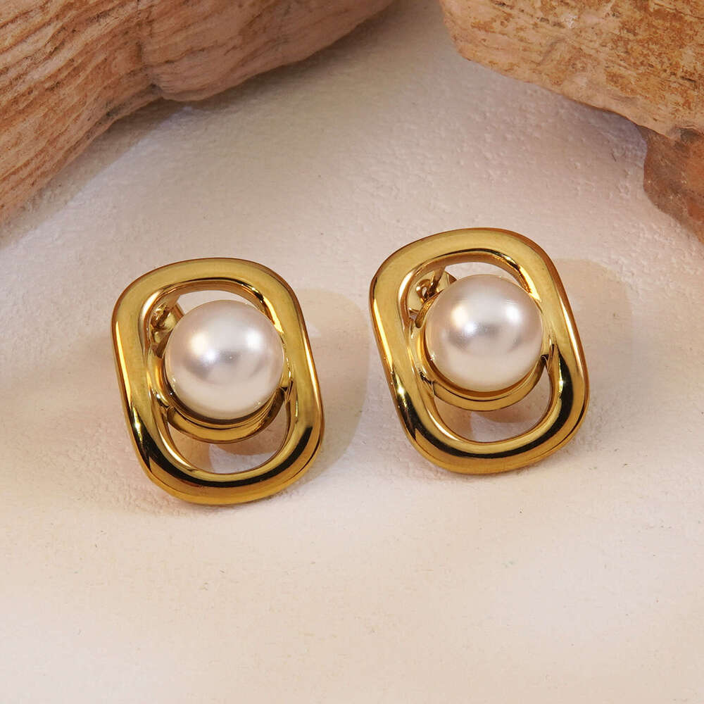 Square Geometric Hollow Earrings with Small Beads, Ladylike Style, Autumn and Winter