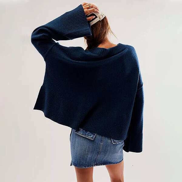 Autumn Winter New Solid Color Round Neck Flared Sleeve Pullover Knitted Fashion Women's Sweater B5