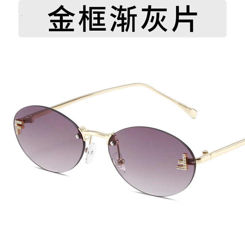 Oval Small Frame New Frameless Cut Edge Personality Glasses Unique F Letter Dot Diamond Sunglasses