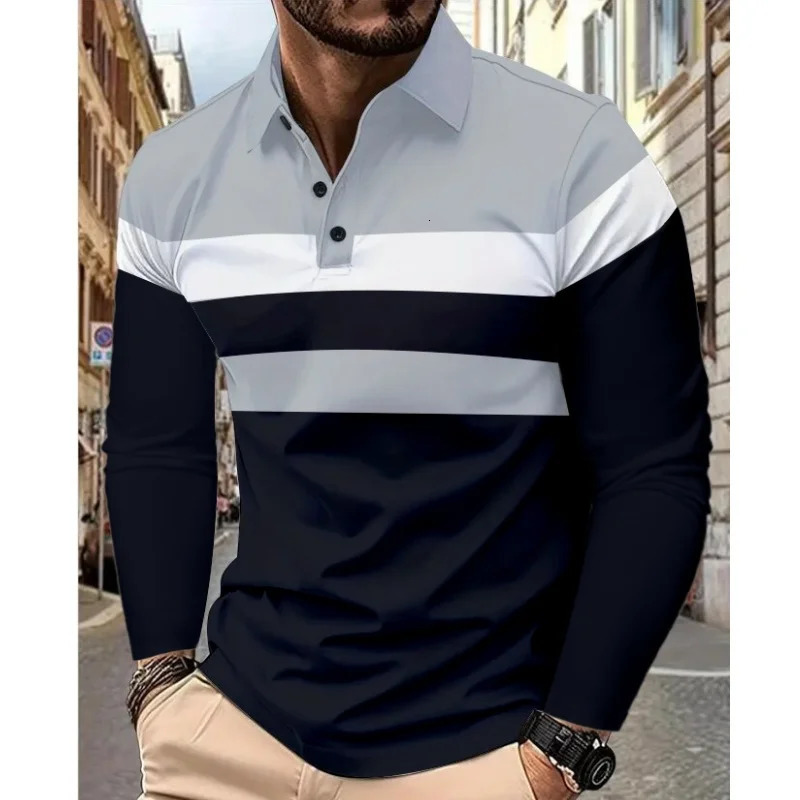 Three Stripe Mens Long Sleeve Polo Solid Color Tops Summer And Autumn Casual Breathable Comfortable Retro Street Polo Shirt 250818