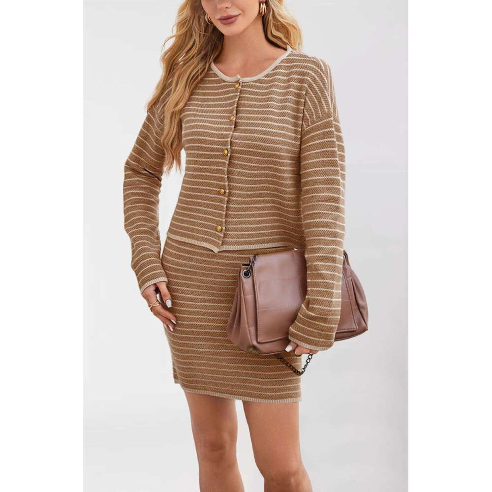 Autumn Winter New Knitted Striped Button Fashion Suit Dress Women's Clothing B5