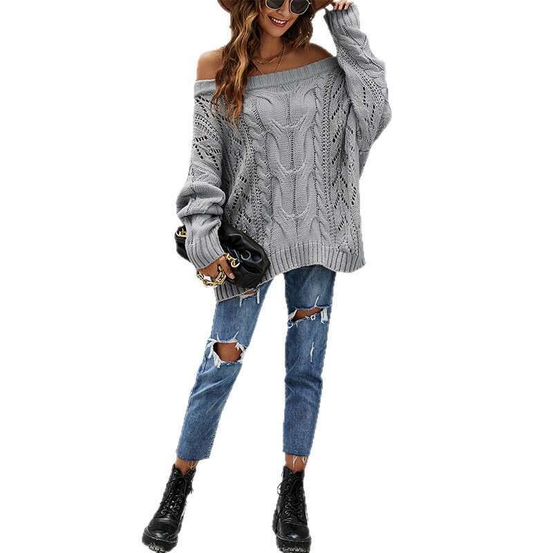 New Autumn And Winter Women's Off-Shoulder Loose One-Line Collar Solid Color Pullover Knitted Sweater B5