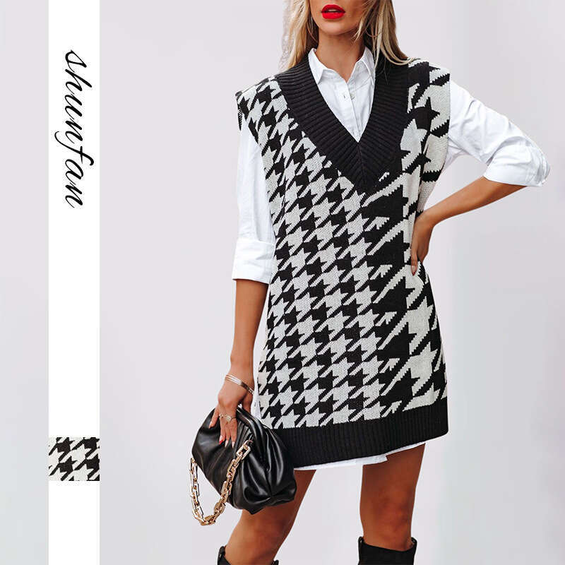 Autumn Winter New Women's Clothing Loose V-Neck Houndstooth Knitted Sweater Sleeveless Vest Waistcoat B5