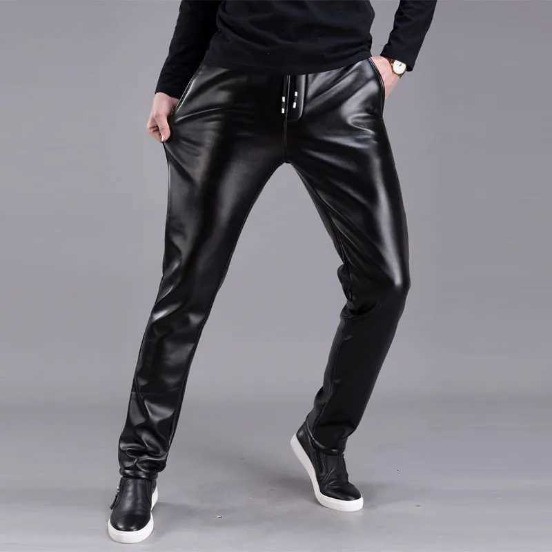 Mens Leather Pants Elastic High Waist Casual PU Leather Trousers Korean Fashion Skinny Pants Mens Motorcycle Pants Waterproof W250819