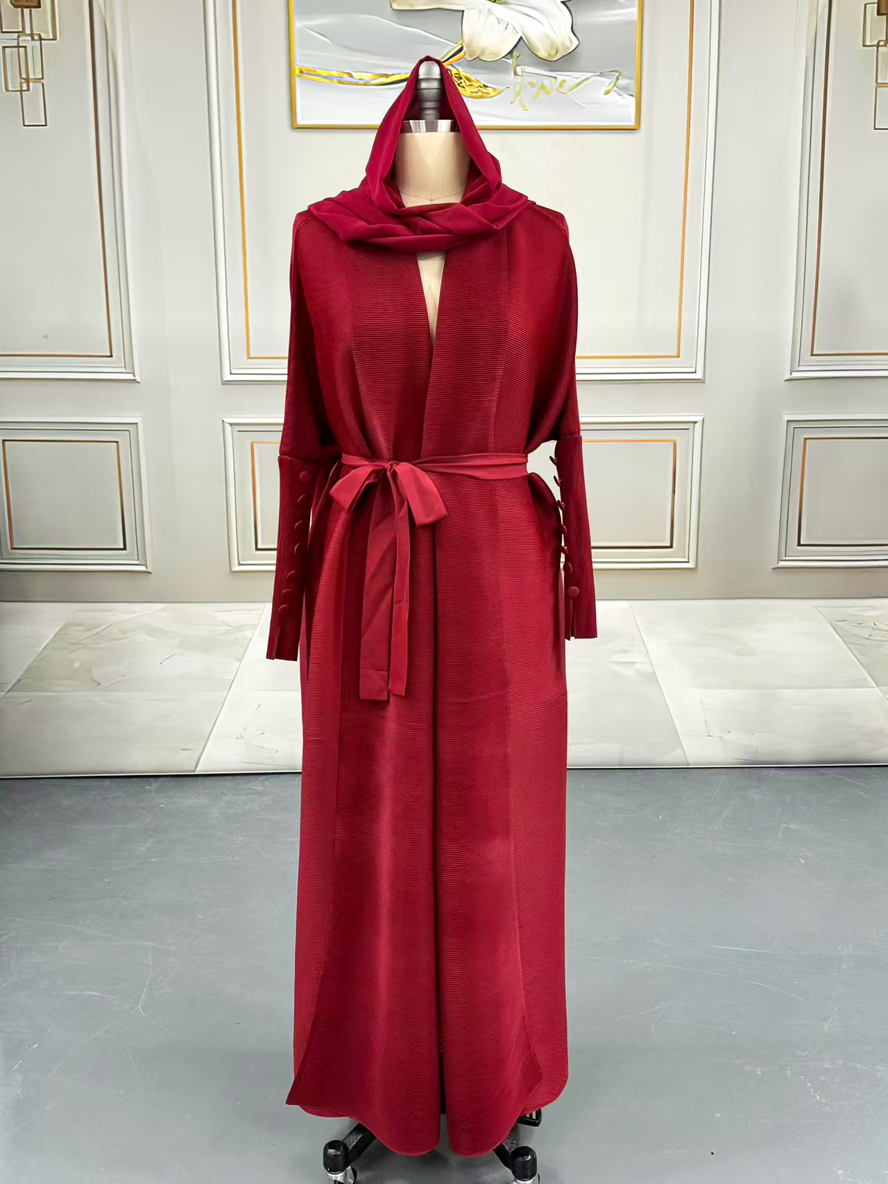 Long robe coat Ethnic Clothing The Middle Eastern printed pleated robe coat is elegant in Arab style 25309