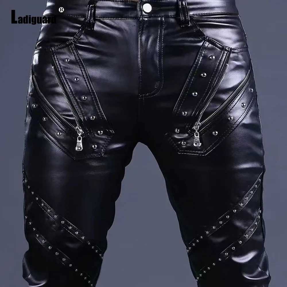 Men Fashion Rock Style PU Leather Pants Sexy Night Club Dance Pants Mens Rivets Zipper Faux Leather Slim Motorcycle Trousers New W250819