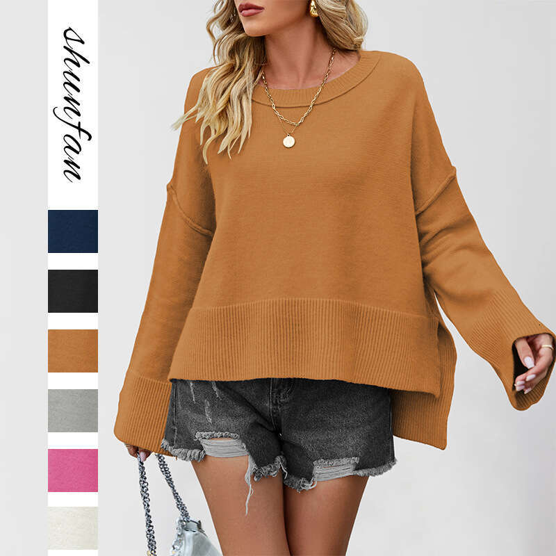 Autumn And Winter New Women's Clothing Street Style Flared Sleeve Solid Color Round Neck Sweater B5