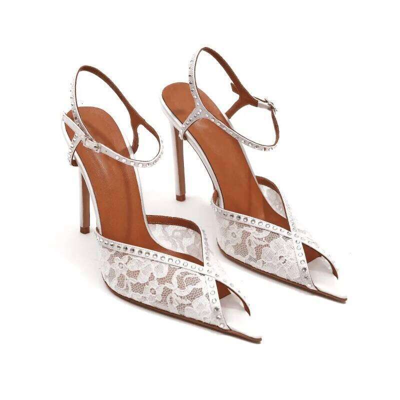 Summer New Pointed Fish Mouth Lace Rhinestone Wedding Shoes Fine High-Heeled Banquet Dress Customized Large Size Women's Sandals