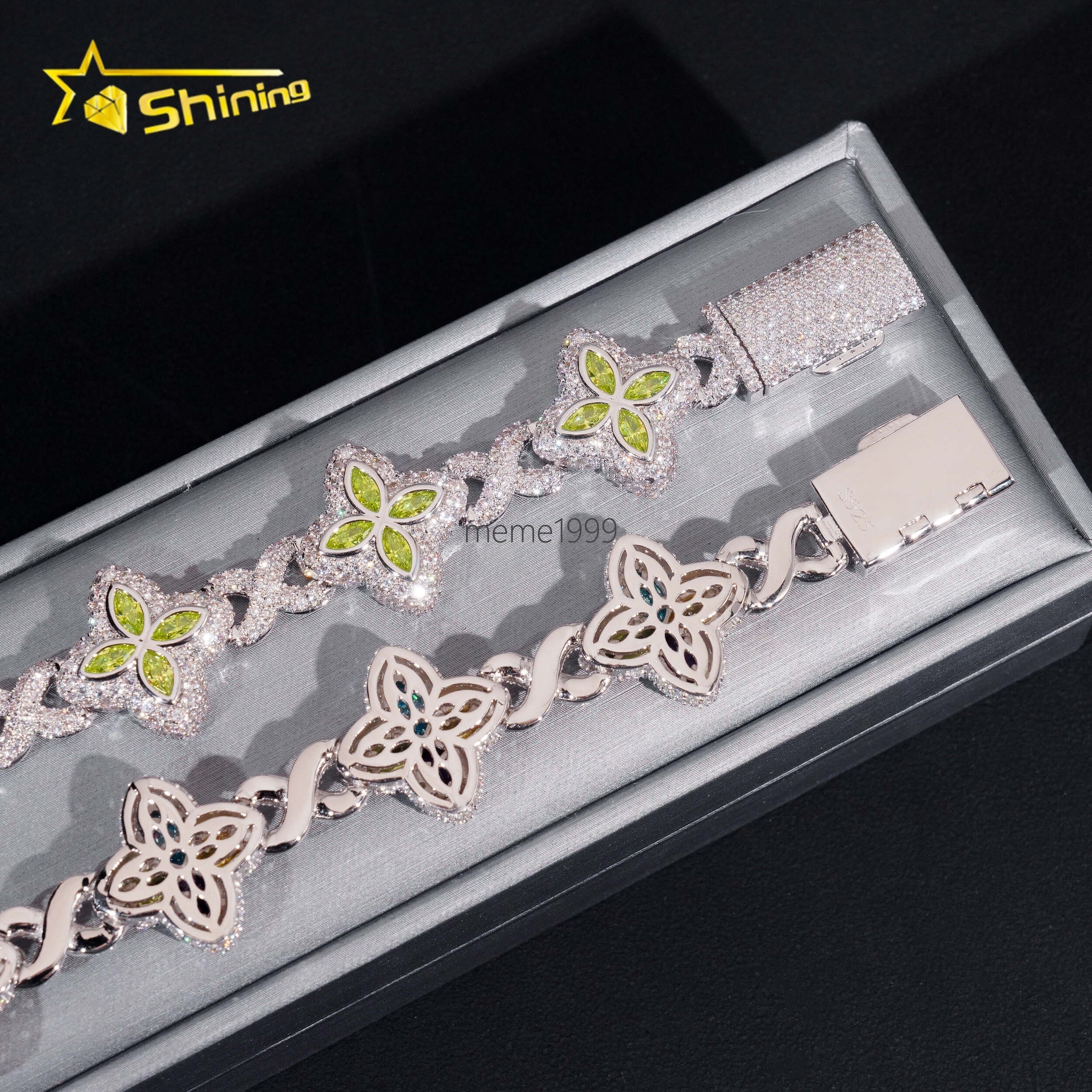New Arrivals 925 Silver Color Marquise Clover Hip Hop Moissanite Diamond Infinity Link Bracelet