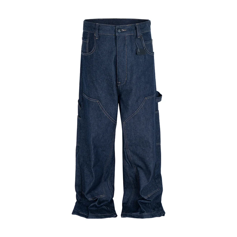 MIJKO High Street Original Color Wide Leg Blue Baggy Jeans for Men Straight Loose Pockets Casual Denim Pants Oversized Cargo Trousers