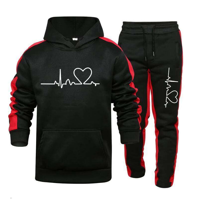 Quality Tracksuit Heart Printing Casual Hooded Sweatshirt 2 Pcs Set Fiess Sports Suit Street Trend Stripe Mens Clothing