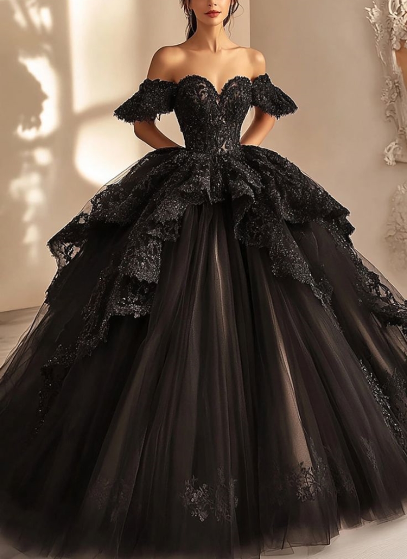 Gothic Style Black Wedding Dresses Off-Shoulder Ruffled Ball Gown Tulle Lace Appliques Bridal Gown Sweetheart Vestidos De Novia Back Lace-up Bride Dre