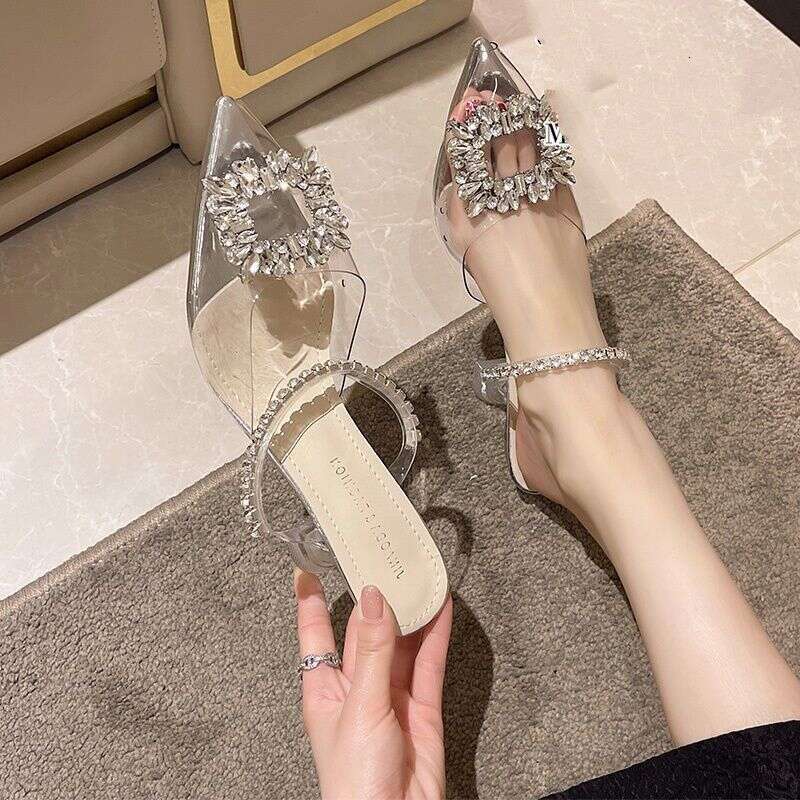 Shoe 35-42 Plus Size Designer Shoes Thin Slippers for Women 2025 Summer New Rhinestone Square Buckle High Heel Transparent Closed Toe Half Sandals