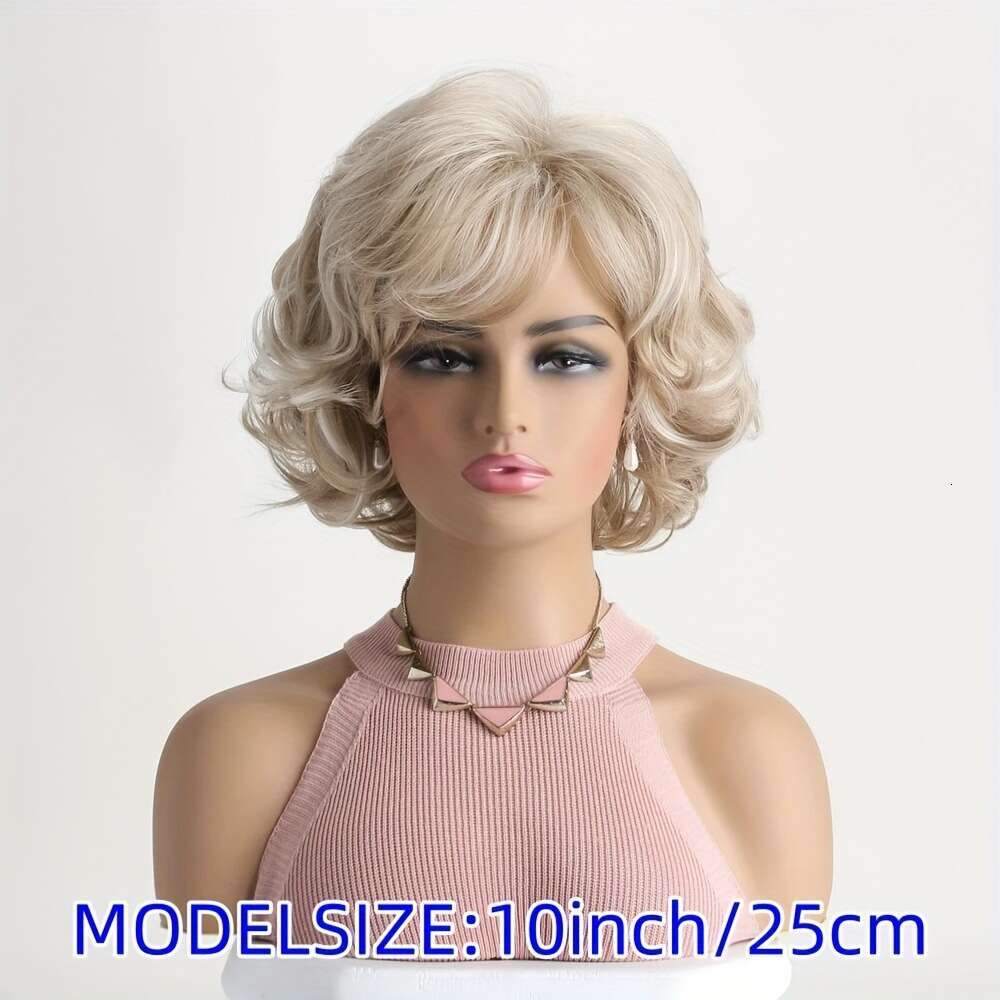 Fashionable Short for Middle-aged Elderly Women with Side Bangs and Curly Hair Wig B5