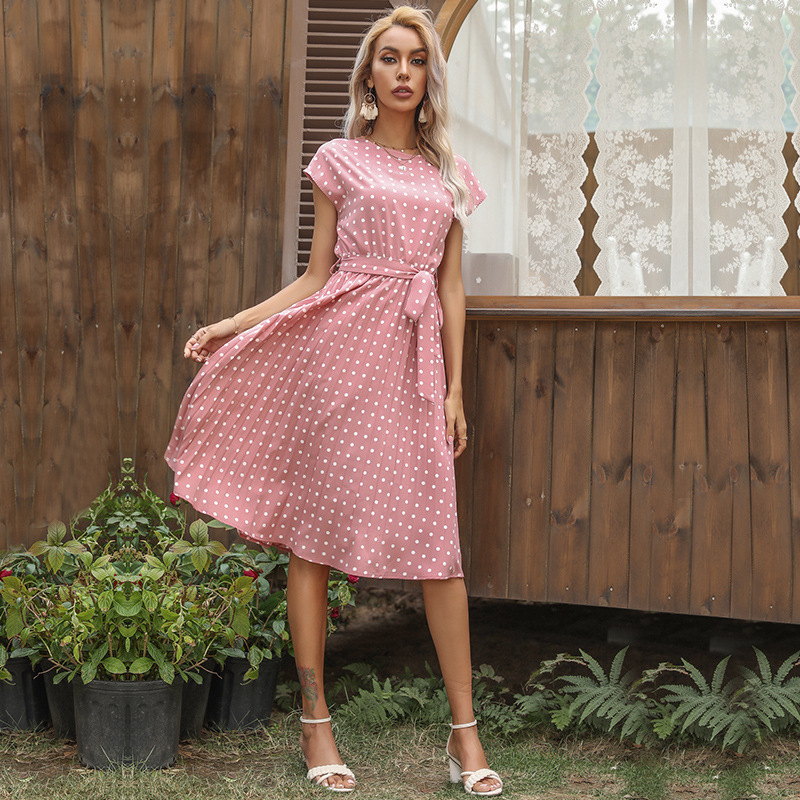Casual Dresses Women Women's Printed Sexy Dress Mid-length Skirt Short Sleeve Vintage Elegant Lace Up Polka Dot Pleated Dress