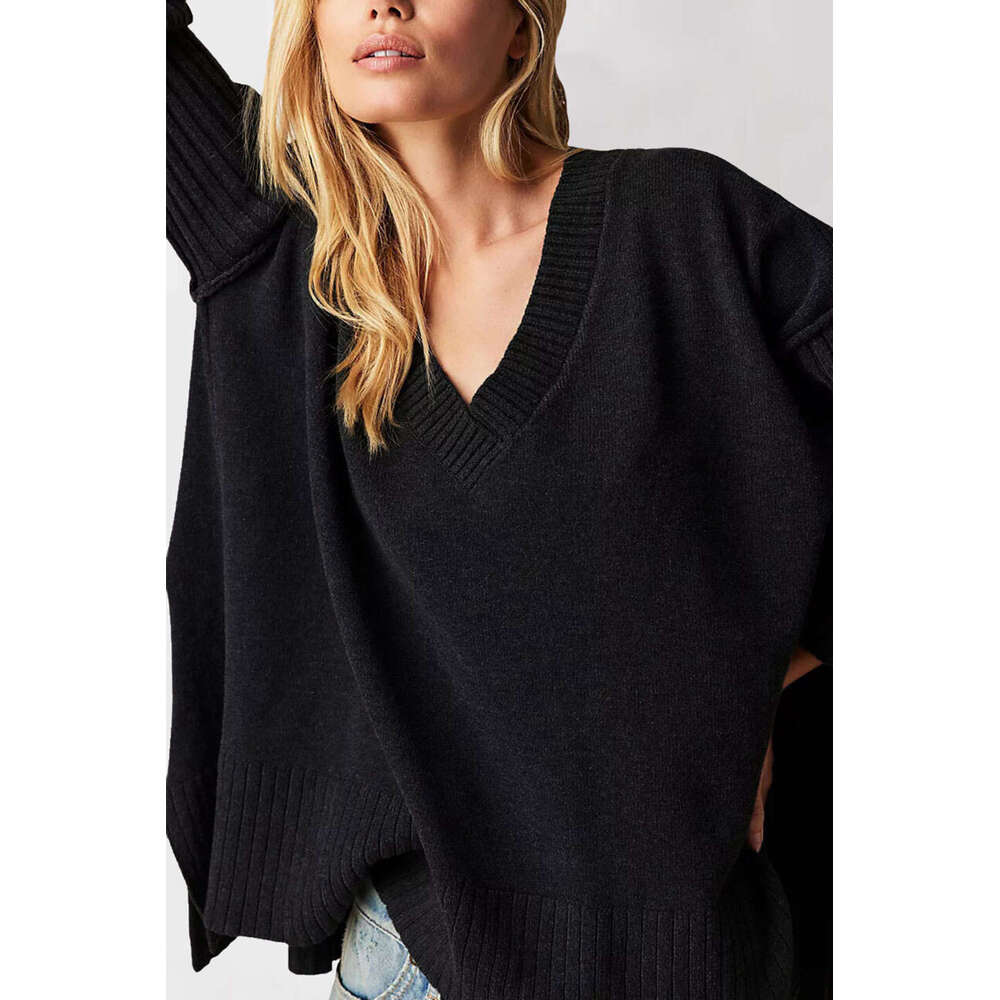 Autumn Winter Temu V-Neck Irregular Patchwork Pullover Loose Women's Sweater B5