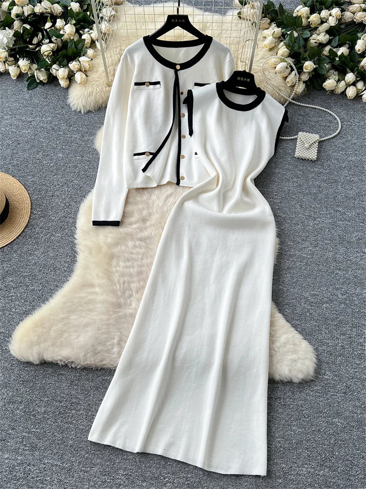 SINGREINY Ladies Elegant OL Knitted 2pcs Suits Basic Single Breasted CardiganSleeveless Slim Fit Dress Autumn Sweater Sets 250818