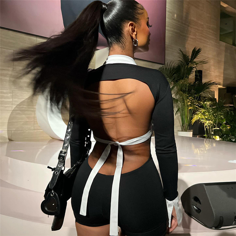 D9724 Womens Fashion Sexy Turn-down Collar Hollow Out Backless Color-block Slim Fit Jumpsuit