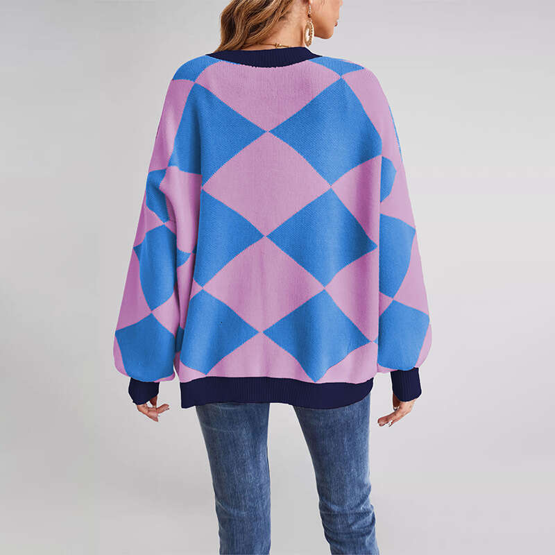 New Winter Women's Clothing V-Neck Diamond Stitching Contrast Color Loose Knitted Jacket Open B5