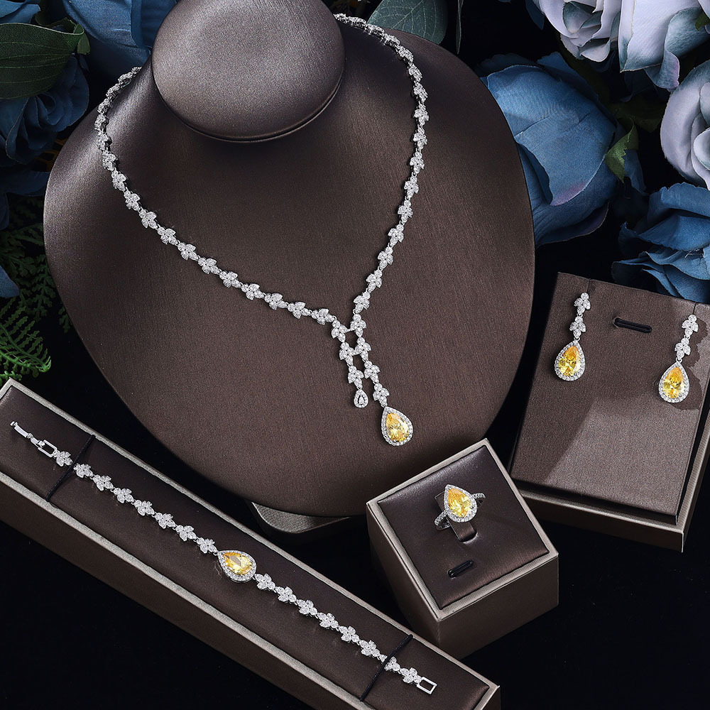 HIBRIDE Simple CZ Ladies Jewelry Sets Water Drop Cubic Zirconia Crystal Tassel Earrings and Necklace Set for Women Gifts 250417