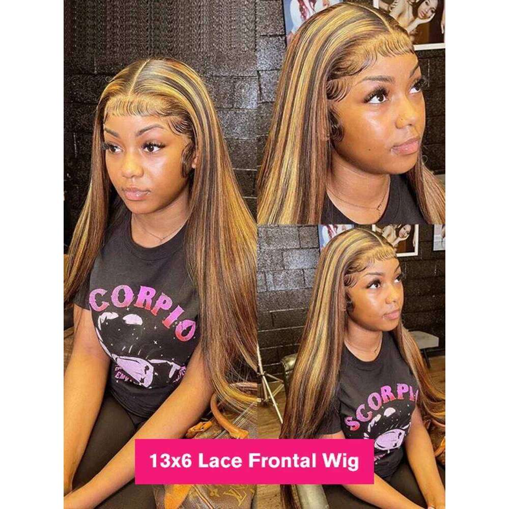 Wear Go Glueless Honey Blonde Straight Front Human Hair Colored Highlight 13X6 HD Lace Frontal Wig 30 32 34 Inch