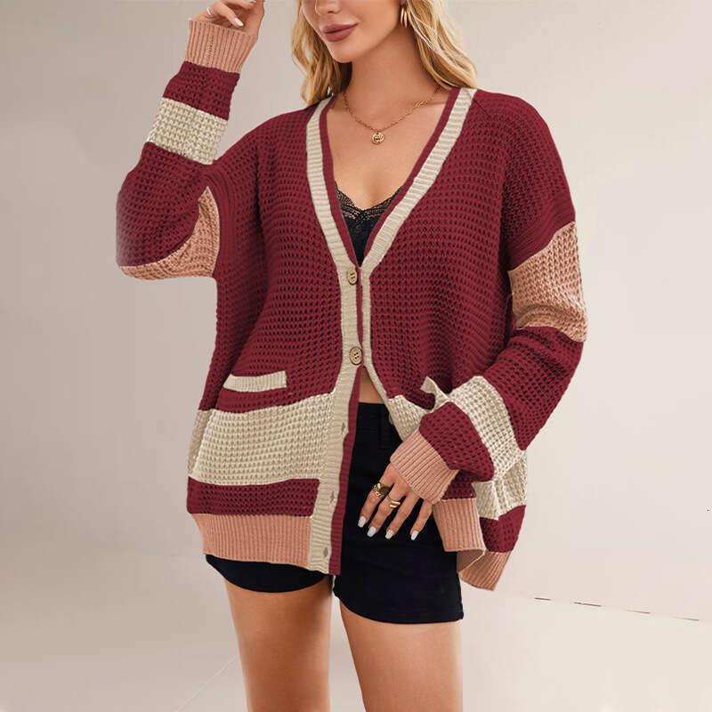 Women's Autumn Winter New Knitted V-Neck Plus Size Pocket Color Block Cardigan Jacket B5